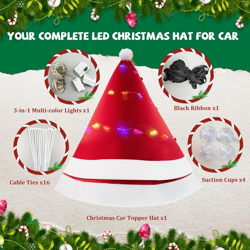 Angooni Universal Christmas Car Hat with Lights - 35" D x 33" H Festive Santa Roof Topper with Suction Cups, Zip Ties & Ribbons for Easy Secure Installation, Suitable for Jeeps, Trucks, Golf Carts - Image 3